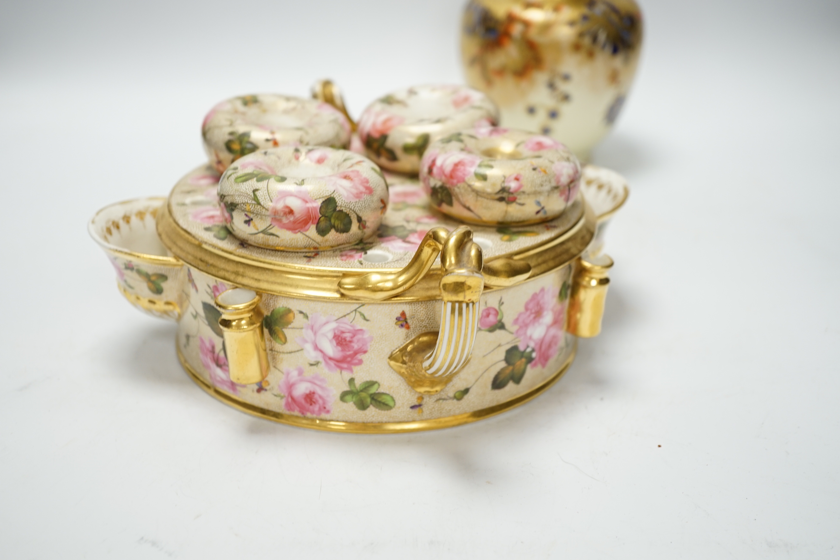 A Royal Crown Derby jar and cover and a English porcelain rose painted inkstand, c.1820, stand 25cm wide